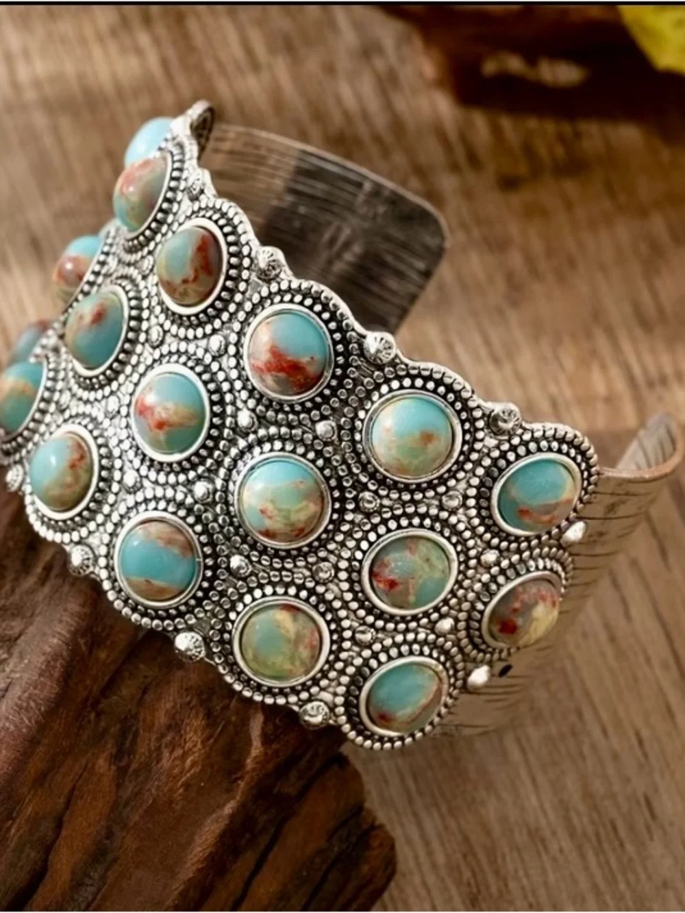 Turquoise Stone Silver-Tone Cuff Bracelet - Women Jewelry - Picture 2 of 5